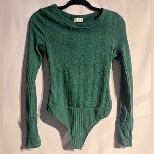Free People Green Textured Long Sleeve Bodysuit